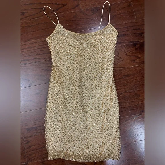 Oh Polly | Dresses | Oh Polly Size Pearl Sequin Embellished Mini Dress Gold  Party Festival | Poshmark